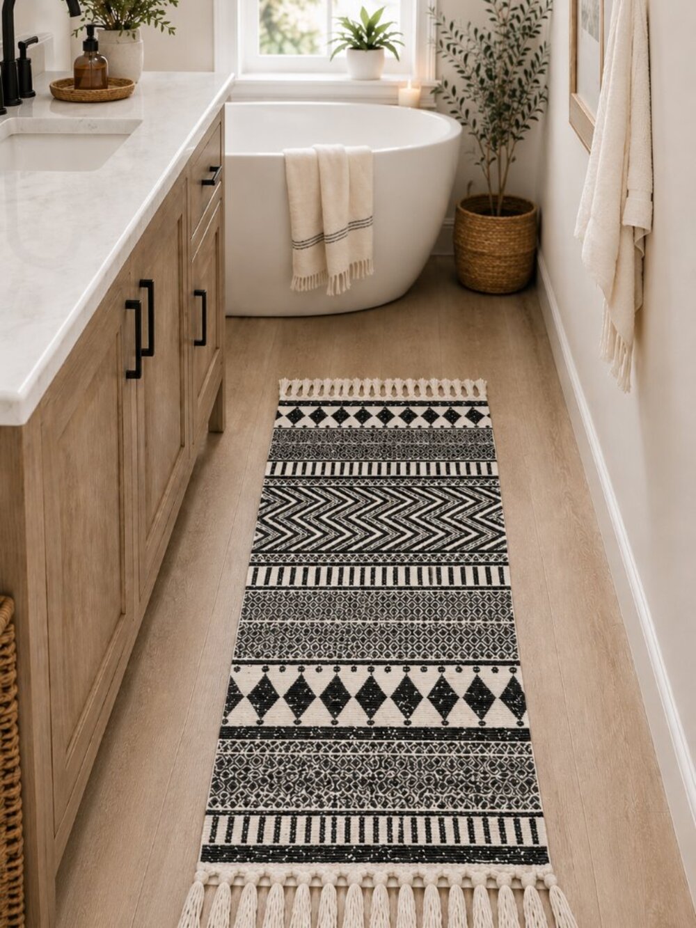 Boho Geometric Area Rug 23x35 Black Cream Tassel Farmhouse Accent Rug